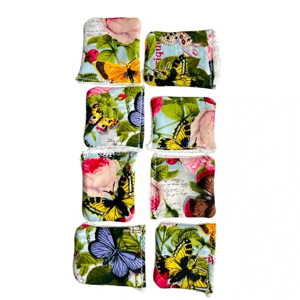 Hand Crafted 100% Cotton Colorful Butterflies 8 Reusable Facial Makeup Wipes